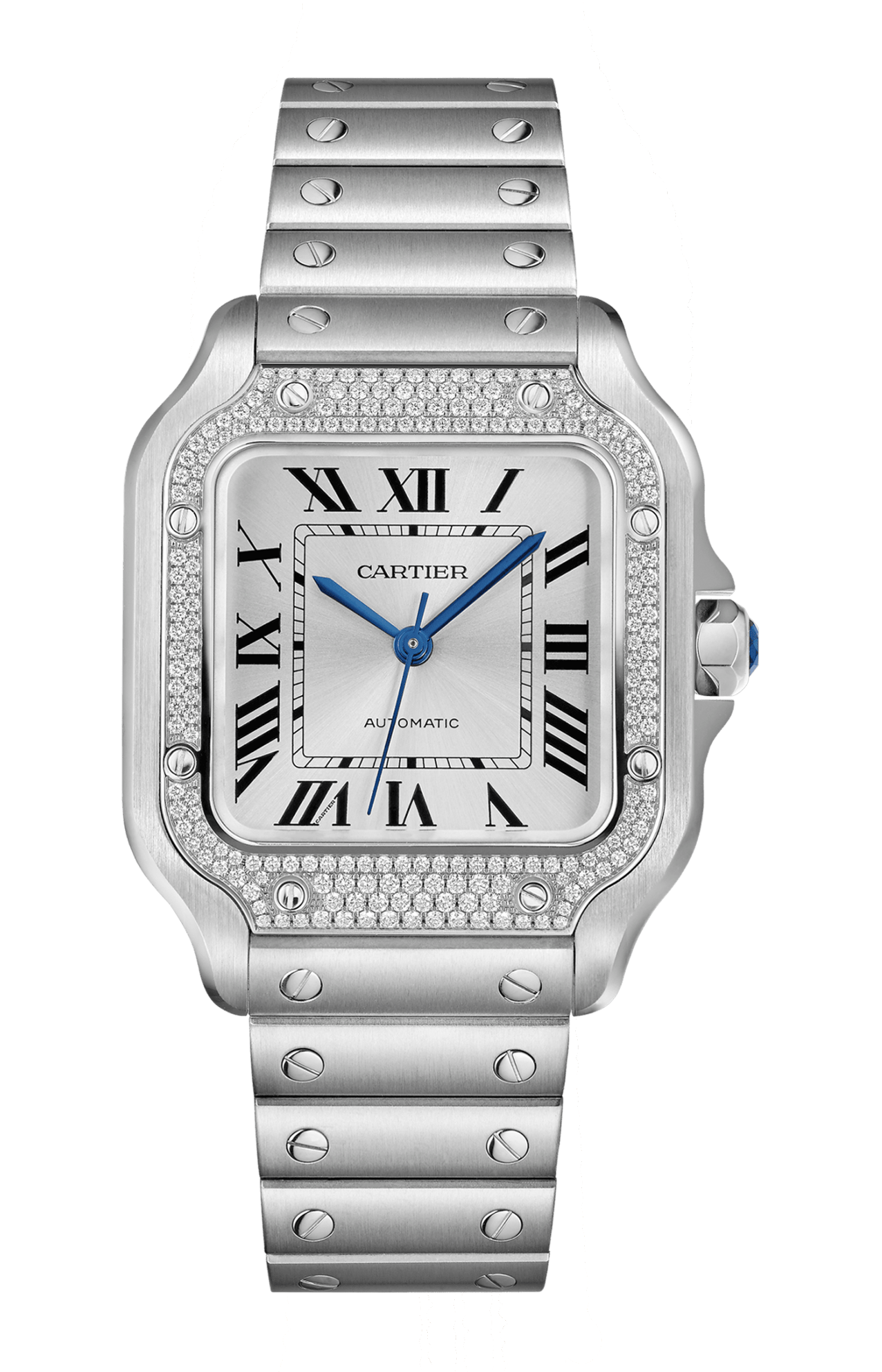 SANTOS DE CARTIER MODELLO MEDIO AUTOMATICO ACCIAIO DIAMANTI CINTURINO IN PELLE INTERCAMBIABILE W4SA0005
