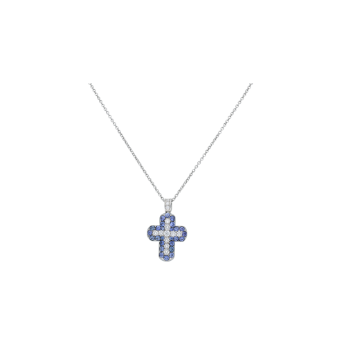 PENDENTE CROCE IN ORO BIANCO CON DIAMANTI E ZAFFIRI BLU - 12405Z2L