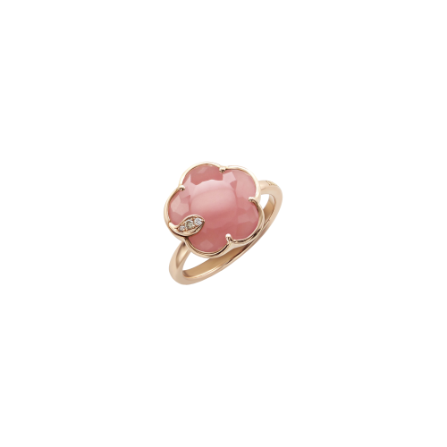 ANELLO PETIT JOLI IN ORO ROSA CON FIORE IN CALCEDONIO ROSA, DIAMANTI BIANCHI E CHAMPAGNE - 16116R - 16116R