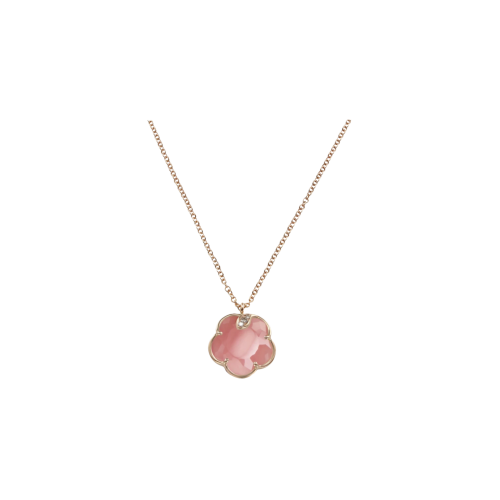 COLLANA PETIT JOLI IN ORO ROSA CON FIORE IN CALCEDONIO ROSA, DIAMANTI BIANCHI E CHAMPAGNE - 16139R - 16139R