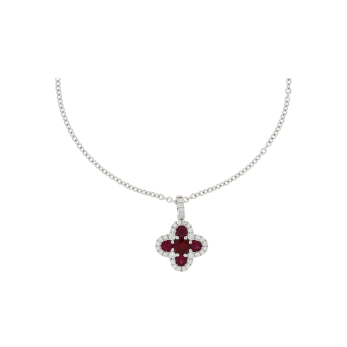 COLLANA GIROCOLLO IN ORO BIANCO CON PENDENTE FIORE IN RUBINI E DIAMANTI