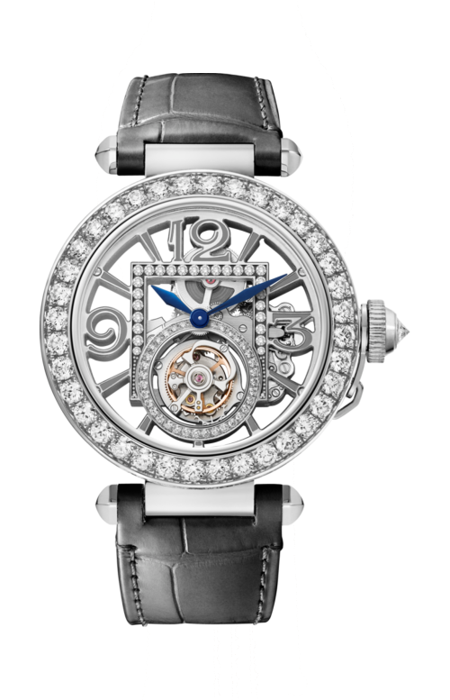 PASHA DE CARTIER 41 MM, MANUALE, ORO BIANCO, DIAMANTI, QUADRANTE SCHELETRATO, TOURBILLON, 2 CINTURINI INTERCAMBIABILI - HPI01435