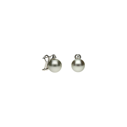 Orecchini in oro bianco 18 carati con perle bianche Australiane Ø 11 mm e diamanti bianchi taglio brillante