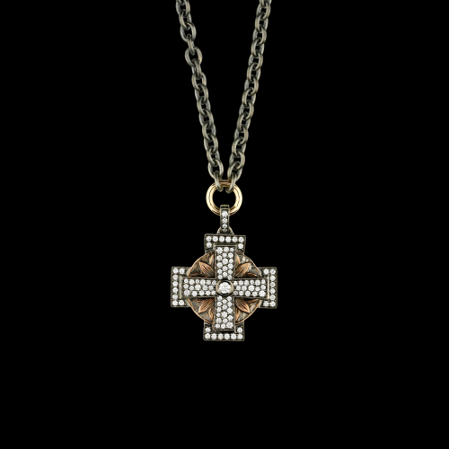 Collana in argento nero con ciondolo croce in oro rosa e diamanti bianchi