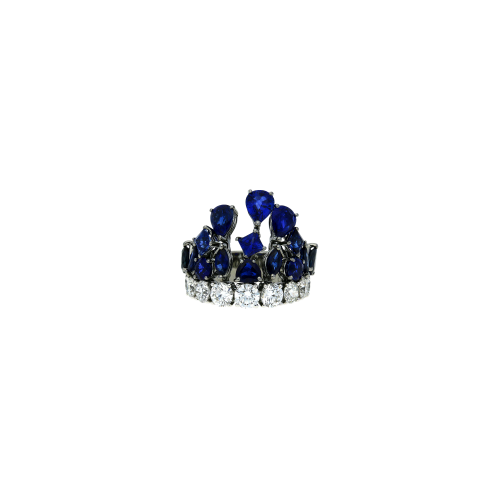Anello in oro brunito 18 carati con diamanti e zaffiri blu