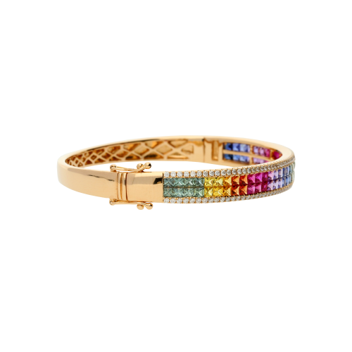 BRACCIALE RIGIDO IN ORO ROSA CON ZAFFIRI MULTICOLOR E DIAMANTI BIANCHI