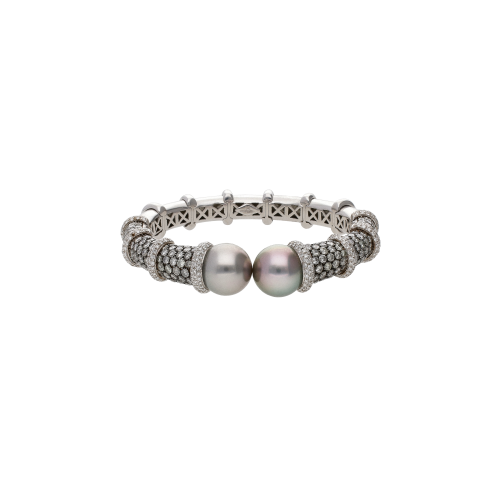 BRACCIALE APERTO IN ORO BIANCO CON PERLE AUSTRALIANE GRIGIE E DIAMANTI - BABR04