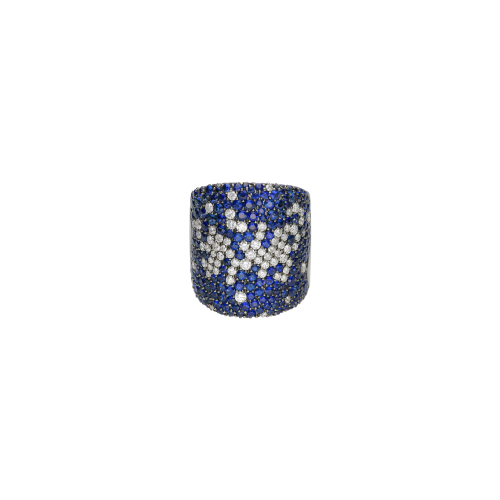 ANELLO A FASCIA ALTA IN ORO BIANCO BRUNITO CON PAVÈ DI DIAMANTI E ZAFFIRI BLU - VR20988SBDBW2