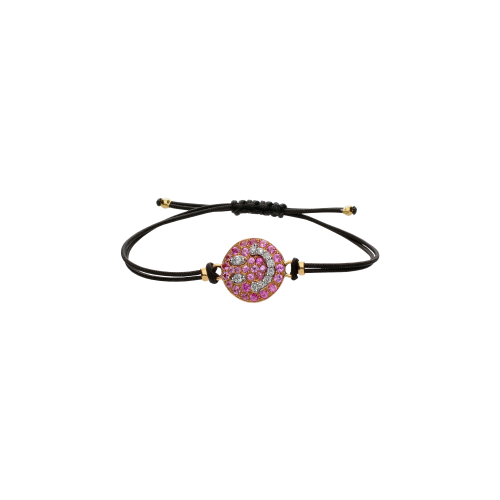 BRACCIALE CON CORDINO NERO E SMILEY IN ORO ROSA CON DIAMANTI E PAVÉ DI ZAFFIRI ROSA - BU001-ZARS