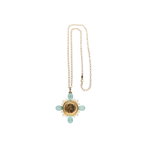 COLLANA IN ARGENTO DORATO CON PERLE E ACQUAMARINA
