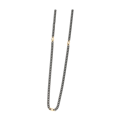 Collana in acciaio brunito, oro rosa e diamanti bianchi - 45 cm