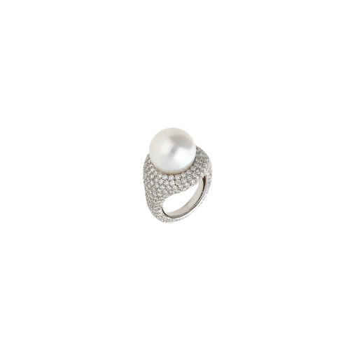 ANELLO IN ORO BIANCO CON PERLA FULL PAVÉ DI DIAMANTI ANCHE SUL GAMBO - F.12