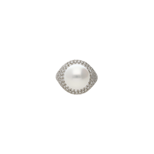 ANELLO IN ORO BIANCO CON PERLA FULL PAVÉ DI DIAMANTI ANCHE SUL GAMBO - F.12