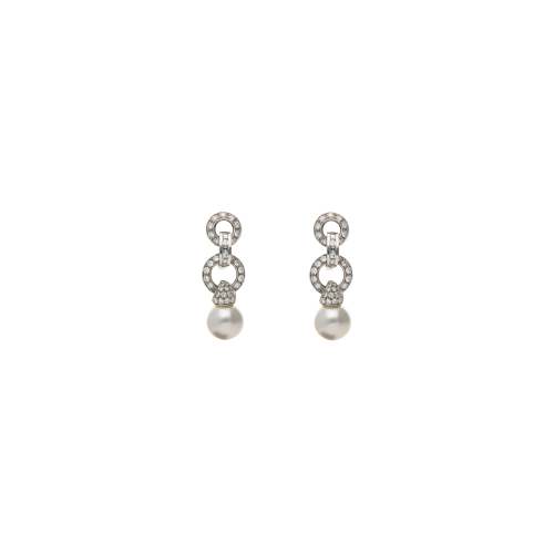 ORECCHINI PENDENTI IN ORO BIANCO CON PERLE E PAVÉ DI DIAMANTI - F.78