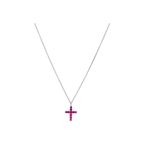 COLLANA IN ORO BIANCO CON PENDENTE CROCE IN PAVÉ DI ZAFFIRI ROSA - G11501BZAR