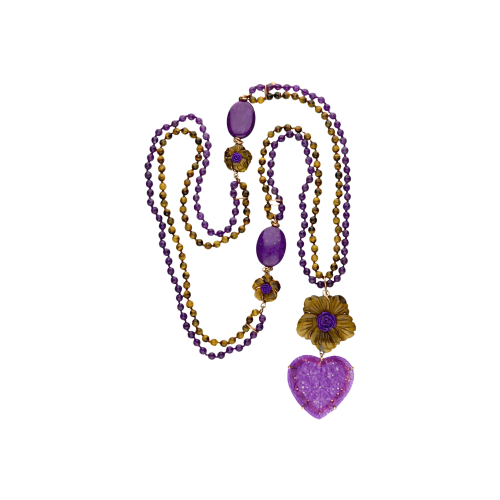 COLLANA IN ARGENTO ROSÉ CUORE E FIORE IN PIETRE DURE