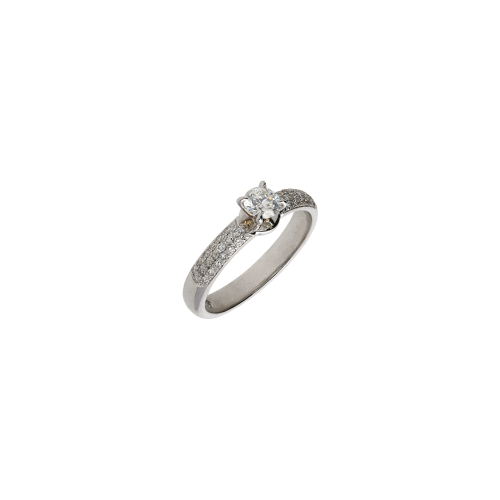 ANELLO SOLITARIO IN ORO BIANCO CON DIAMANTE CERTIFICATO,  PAVÉ DI DIAMANTI E DIAMANTE SEGRETO - BAAN245