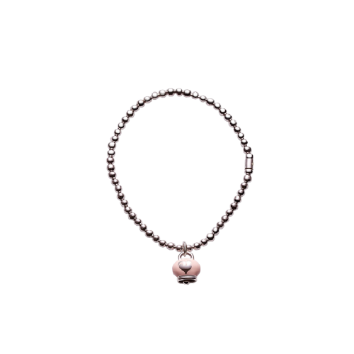 BRACCIALE ELASTICO IN ARGENTO CON CIONDOLO CAMPANELLA MICRO IN ARGENTO E SMALTO ROSA, BIGLIERINA FISSA - 37273