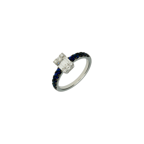 Anello in oro bianco 18 carati con zaffiri blu taglio brillante e diamanti bianchi taglio brillante e baguette