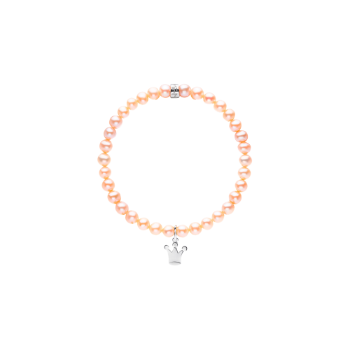BRACCIALE ELASTICA  PERLE ROSA E CIONDOLO CORONA IN ARGENTO