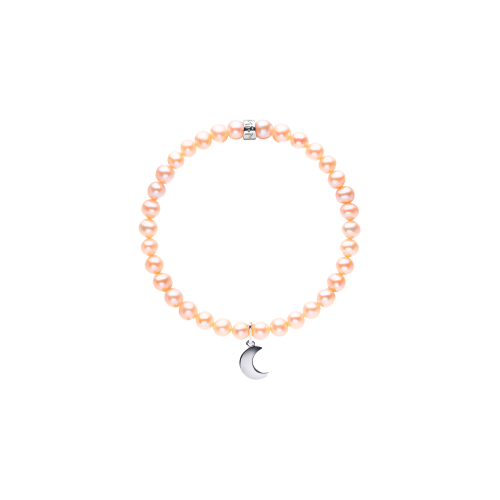 BRACCIALE ELASTICO PERLE ROSA E CIONDOLO LUNA IN ARGENTO