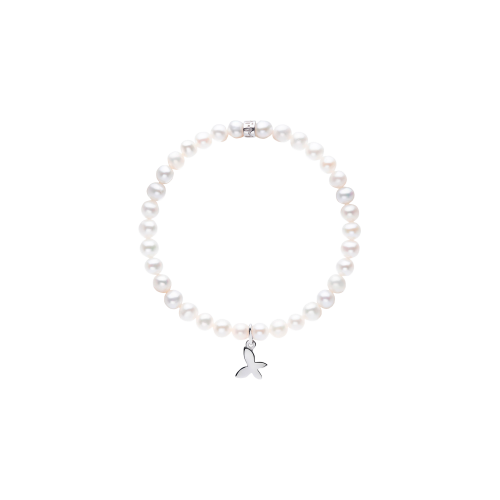 BRACCIALE ELASTICA PERLE BIANCHE E CIONDOLO FARFALLA IN ARGENTO