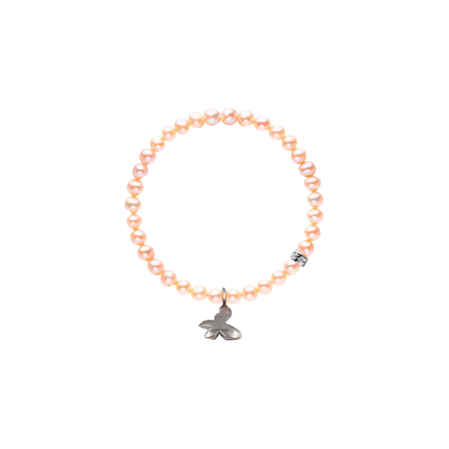 BRACCIALE ELASTICA PERLE ROSA CON CIONDOLO FARFALLA IN ARGENTO