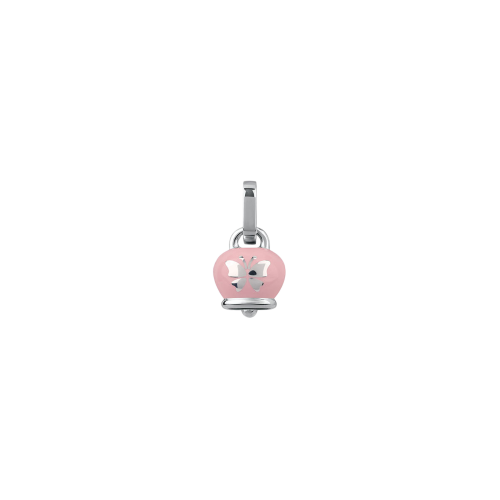 Ciondolo Et Voilà micro campanella double face in argento e smalto rosa perlato, con farfalla sul retro.
