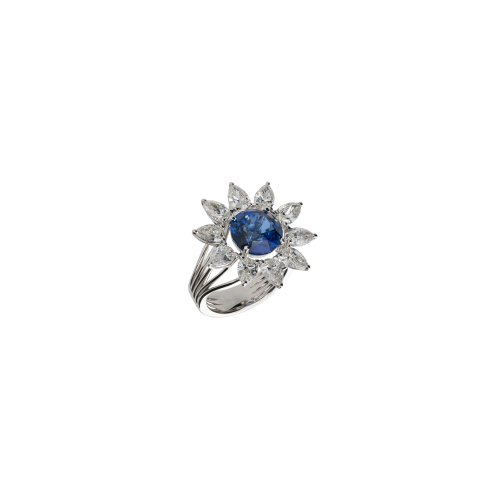 ANELLO FIORE IN ORO BIANCO CON DIAMANTI E ZAFFIRO - 3R00139SBDW