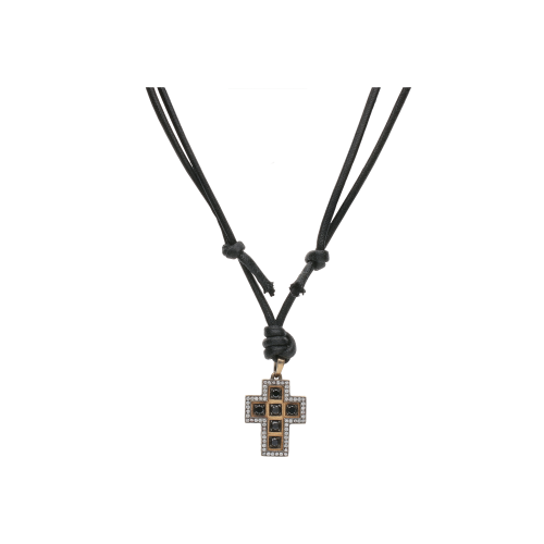 COLLANA CON CORDINO NERO, PENDENTE CROCE IN ORO ROSA E ORO BRUNITO CON DIAMANTI NERI E DIAMANTI BIANCHI - VP26537DDKX