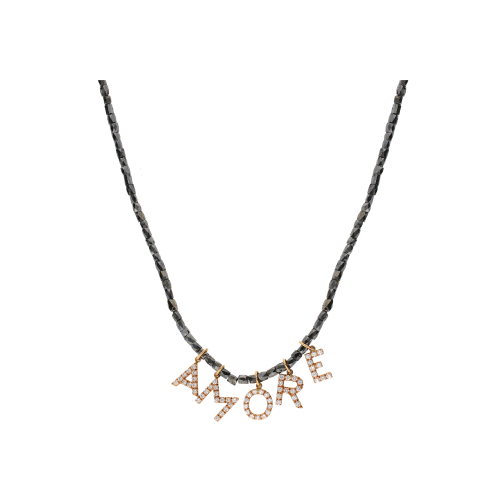 COLLANA IN ORO BIANCO E ORO ROSA CON FILO DI DIAMANTI NERI E LETTERE 
