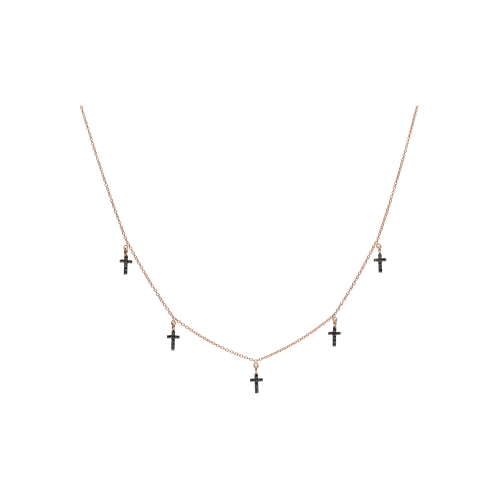 COLLANA IN ORO ROSA CON CROCI PENDENTI IN PAVÉ DI DIAMANTI NERI - C054/2-DN