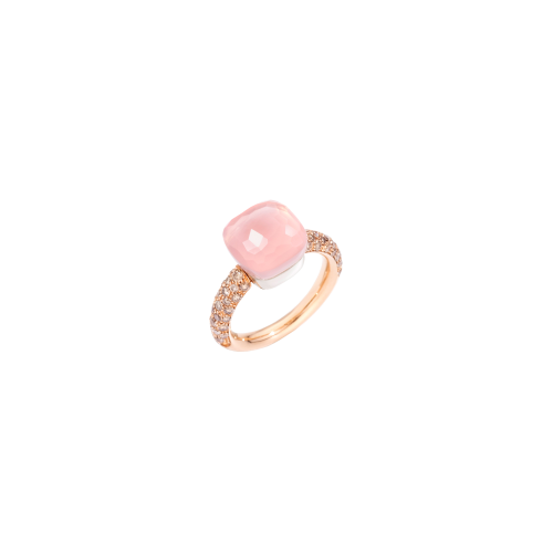 POMELLATO NUDO - ANELLO NUDO CLASSIC CON DIAMANTI, IN ORO ROSA  CON CASTONE IN ORO BIANCO , QUARZO ROSA, CALCEDONIO SFACCETTATO E DIAMANTI BROWN - A.C004BRO6/QR - PAC0040O7000BRCQR