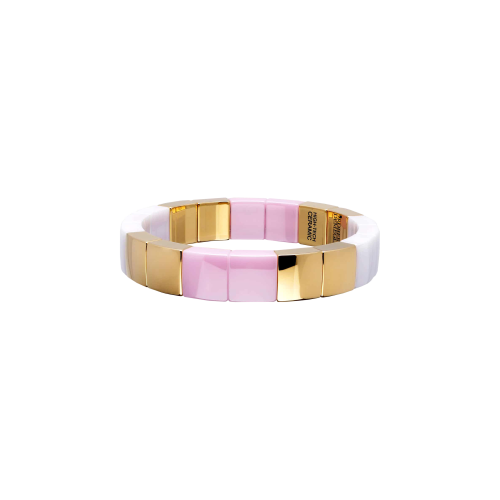 DOMINO BRACCIALE ELASTICO IN CERAMICA DORATA E CERAMICA BIANCA E ROSA LUCIDA - AU965RBP