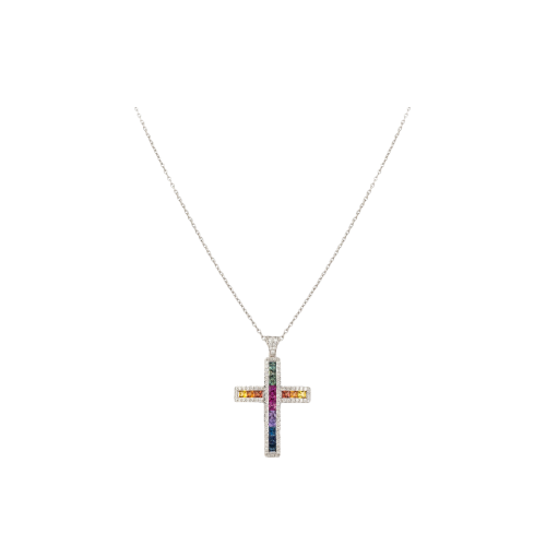 COLLANA CON CROCE PENDENTE IN ORO BIANCO ZAFFIRI MULTICOLOR E DIAMANTI BIANCHI - AN2591