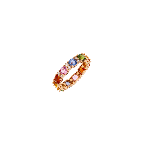 ANELLO VERETTA RAINBOW IN ORO ROSA CON ZAFFIRI MULTICOLOR E DIAMANTI - DCR1077/MS