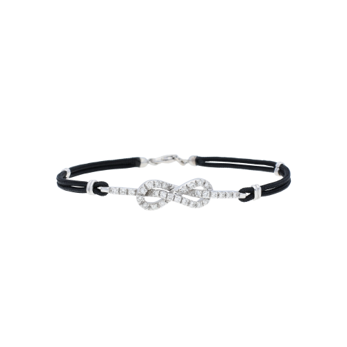 BRACCIALE IN SAGOLA NERA CON NODO IN PAVE' DI DIAMANTI ED ELEMENTI IN ORO BIANCO - BR600B