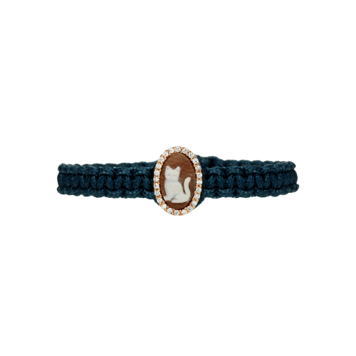 Bracciale in cordura blu con cammeo lavorato e zirconi bianchi - BRA2945-4