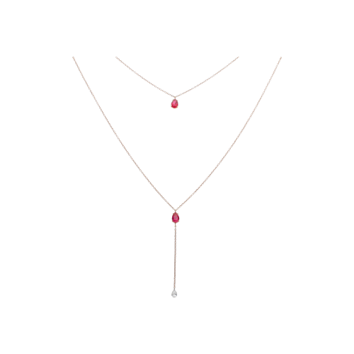 COLLANA A DOPPIO FILO IN ORO ROSA CON RUBINI E DIAMANTE PENDENTE - C069/20-RB