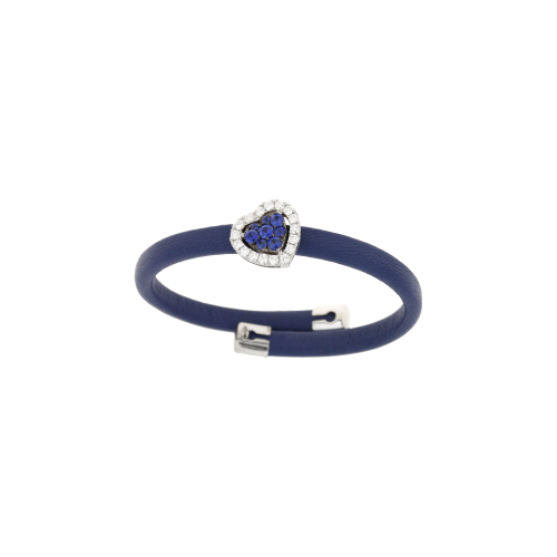 BRACCIALE IN PELLE AZZURRA CON CUORE IN ORO BIANCO, DIAMANTI E ZAFFIRI - 1PU0750322/1