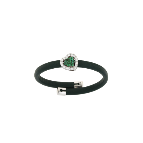 BRACCIALE IN PELLE VERDE CON CUORE IN ORO BIANCO, DIAMANTI E SMERALDI - 1PU0750322/4