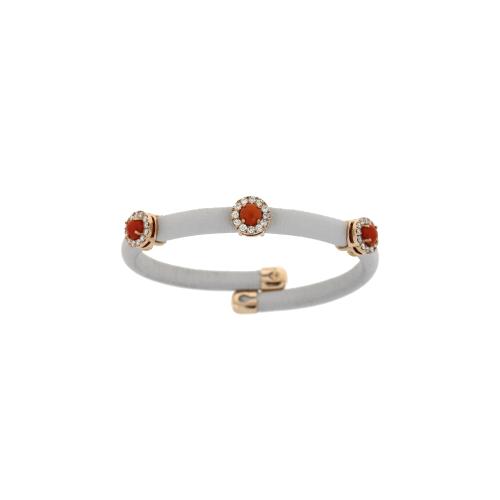 BRACCIALE IN PELLE BEIGE CON ELEMENTI IN ORO ROSA, DIAMANTI E CORALLO - 1PU0032125/13