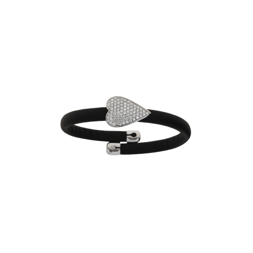 BRACCIALE IN PELLE NERA CON ELEMENTI IN ORO BIANCO CUORE CON PAVÈ DI DIAMANTI - 1PU0032106/2