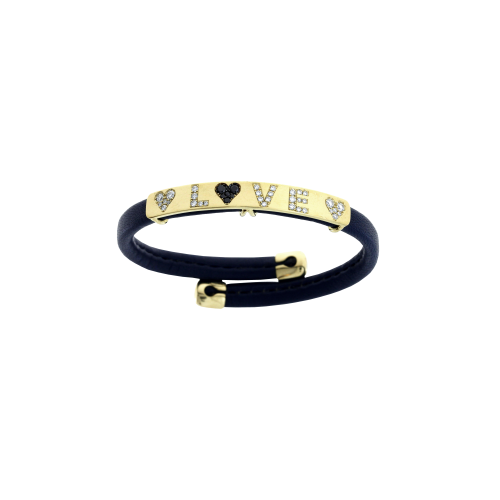 BRACCIALE IN PELLE NERA CON BARRETTA IN ORO GIALLO CUORI E LETTERE 