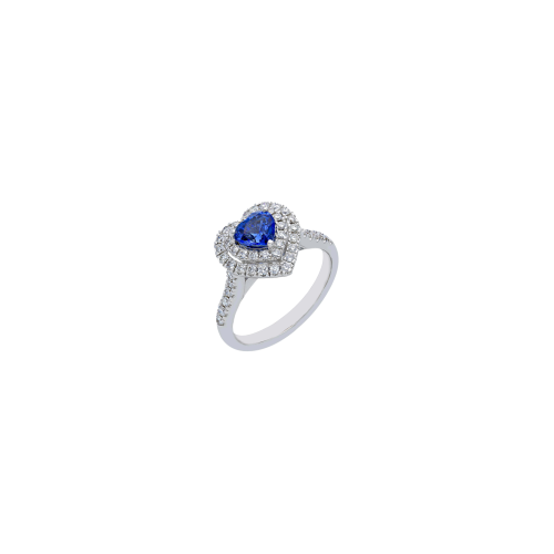 ANELLO TIPO SOLITARIO IN ORO BIANCO, DIAMANTI BIANCHI E ZAFFIRO BLU NATURALE TAGLIO CUORE - VR254516DSBWS