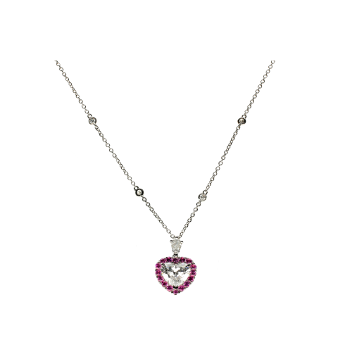 COLLANA IN ORO BIANCO CUORE CON ZAFFIRI ROSA E DIAMANTI BIANCHI - 372-3470-MOD