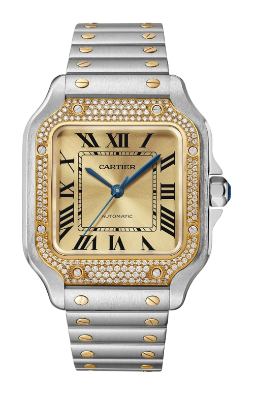 SANTOS DE CARTIER MODELLO MEDIO, MOVIMENTO AUTOMATICO, ORO GIALLO 18 CARATI, ACCIAIO, DIAMANTI, BRACCIALE IN METALLE E CINTURINO IN PELLE INTERCAMBIABILI - W3SA0007