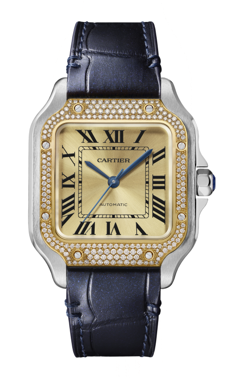 SANTOS DE CARTIER MODELLO MEDIO, MOVIMENTO AUTOMATICO, ORO GIALLO 18 CARATI, ACCIAIO, DIAMANTI, BRACCIALE IN METALLE E CINTURINO IN PELLE INTERCAMBIABILI - W3SA0007