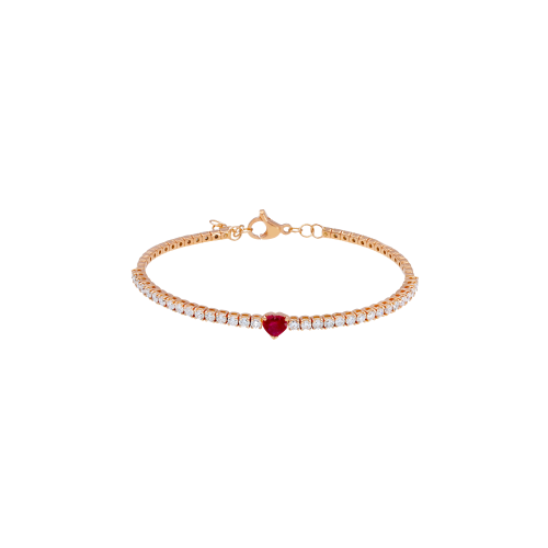 BRACCIALE TENNIS SEMIRIGIDO IN ORO ROSA CON DIAMANTI E RUBINO TAGLIO CUORE - 251519RBR