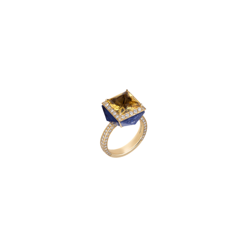 ANELLO PIAZZETTA IN ORO GIALLO CON BERILLO GIALLO E CUSPIDI IN DIAMANTI E TANZANITE - 41190 - 41190